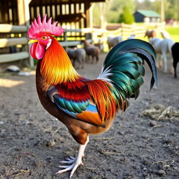 A majestic and colorful rooster standing proudly in a barnyard