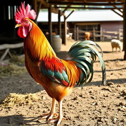 A majestic and colorful rooster standing proudly in a barnyard