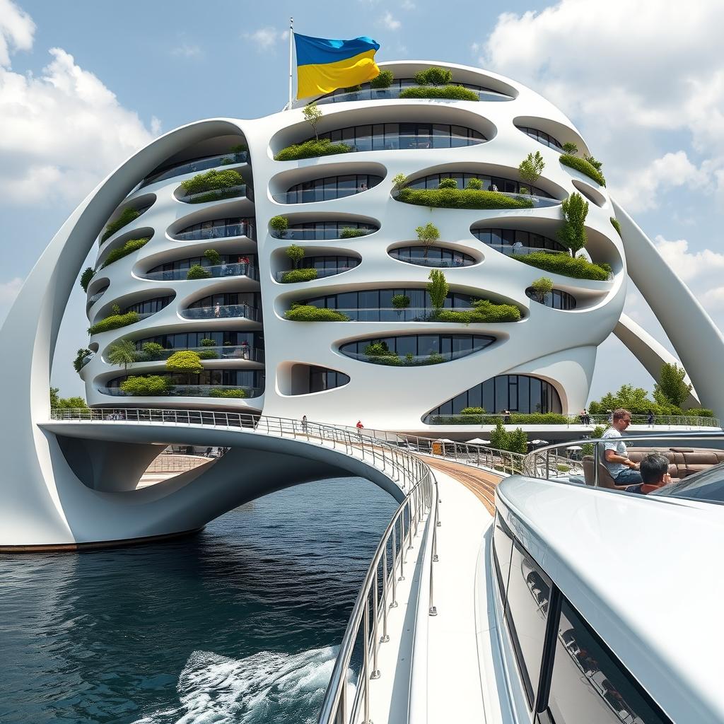 From the observation deck of a yacht, we view an innovative bridge featuring high bionic arches that support a building of smooth, bionic form