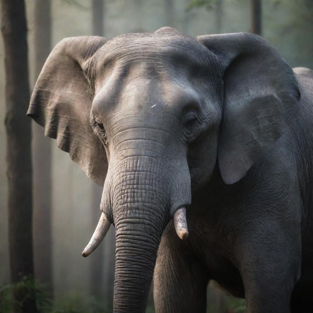 Close-up of a white elephant's face emerging from the majestic shadows of a foggy forest, its detailed features illuminated by soft light filtering through the trees.