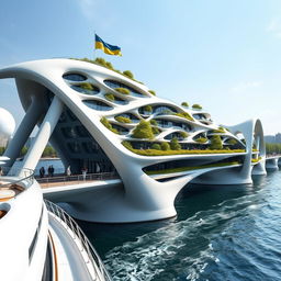 From the observation deck of a yacht, we view an innovative bridge featuring high bionic arches that support a building of smooth, bionic form