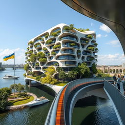 From an observation deck, a striking view opens up of a bridge graced by high bionic arches, supporting a building of smooth, bionic form