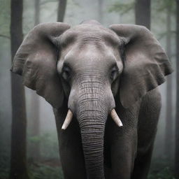 Close-up of a white elephant's face emerging from the majestic shadows of a foggy forest, its detailed features illuminated by soft light filtering through the trees.