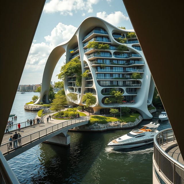 From an observation deck, a striking view opens up of a bridge graced by high bionic arches, supporting a building of smooth, bionic form