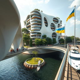 From an observation deck, a striking view opens up of a bridge graced by high bionic arches, supporting a building of smooth, bionic form