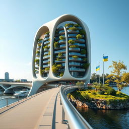 From an observation deck, a striking view opens up of a bridge graced by high bionic arches, supporting a building of smooth, bionic form