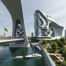 From an observation deck, we observe a stunning bridge with high bionic arches supporting a building of dynamic, smooth form