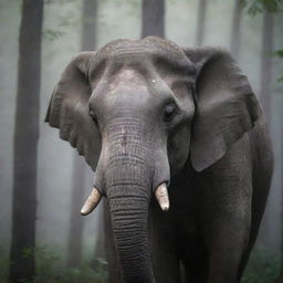 Close-up of a white elephant's face emerging from the majestic shadows of a foggy forest, its detailed features illuminated by soft light filtering through the trees.