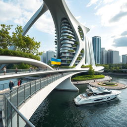 From an observation deck, we observe a stunning bridge with high bionic arches supporting a building of dynamic, smooth form