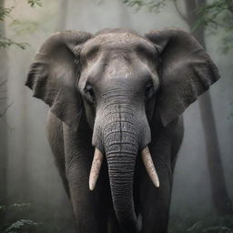 Close-up of a white elephant's face emerging from the majestic shadows of a foggy forest, its detailed features illuminated by soft light filtering through the trees.