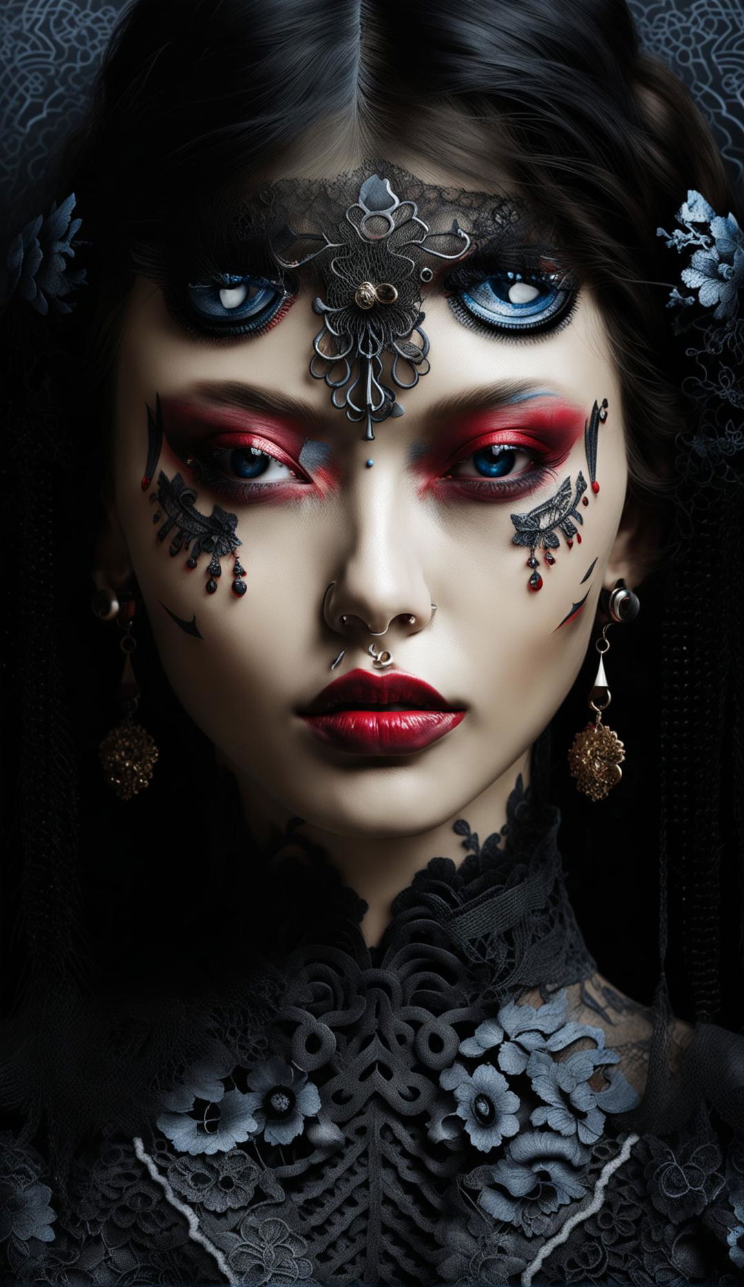 Hyper-realistic 3D photograph of a gothic woman with Japanese tattoos and piercings. Symmetric blue eyes with circular irises, vibrant red lips, and detailed skin pores. Framed by lace and satin in a dark, gritty aesthetic.