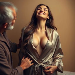 A beautiful woman with long flowing hair is wrapped in an untied satin robe, elegantly draped to reveal her natural form