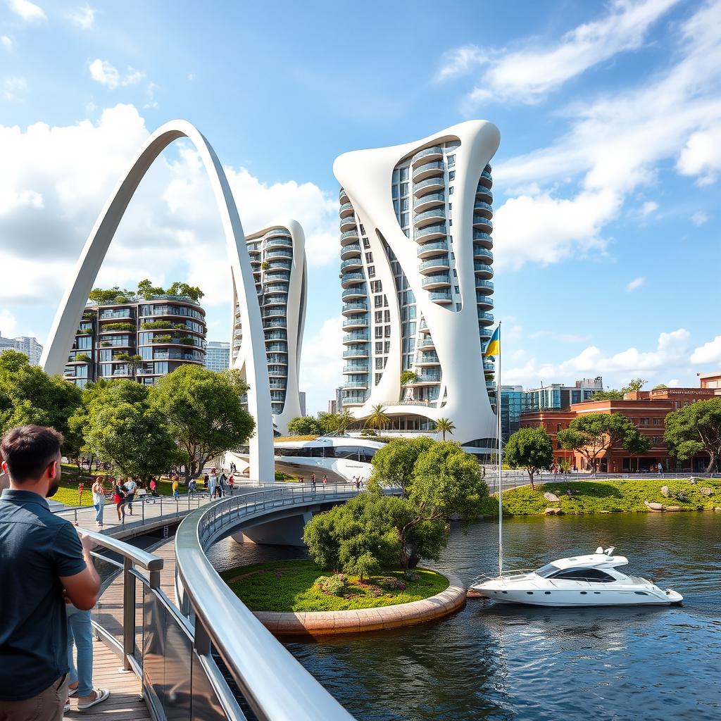 From an observation deck, we take in the view of an architectural marvel: a bridge featuring high bionic arches that support a building of dynamic, smooth form