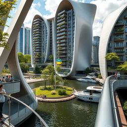 From an observation deck, we take in the view of an architectural marvel: a bridge featuring high bionic arches that support a building of dynamic, smooth form