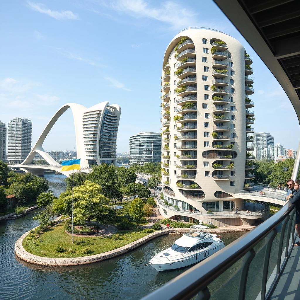 From an observation deck, we take in the view of an architectural marvel: a bridge featuring high bionic arches that support a building of dynamic, smooth form