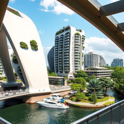 From an observation deck, we take in the view of an architectural marvel: a bridge featuring high bionic arches that support a building of dynamic, smooth form