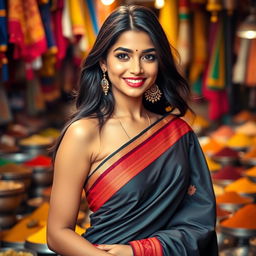 a beautiful Indian girl with an alluring smile, emphasizing her confident and charismatic presence