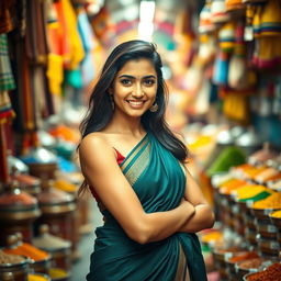 a beautiful Indian girl with an alluring smile, emphasizing her confident and charismatic presence