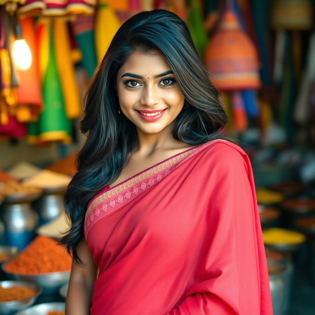 a beautiful Indian girl with an alluring smile, emphasizing her confident and charismatic presence