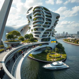 From an observation deck, we view an extraordinary bridge featuring high bionic arches that support a building of dynamic, smooth form