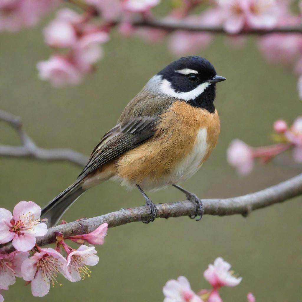 A brightly colored fantail bird perched on a blossoming cherry tree branch.