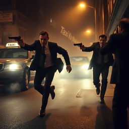 An intense and suspenseful scene from a mystery novel, capturing two men in elegant suits sprinting through a dimly lit city street