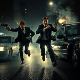 An intense and suspenseful scene from a mystery novel, capturing two men in elegant suits sprinting through a dimly lit city street