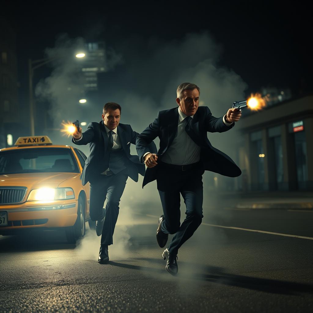 An intense and suspenseful scene from a mystery novel, capturing two men in elegant suits sprinting through a dimly lit city street