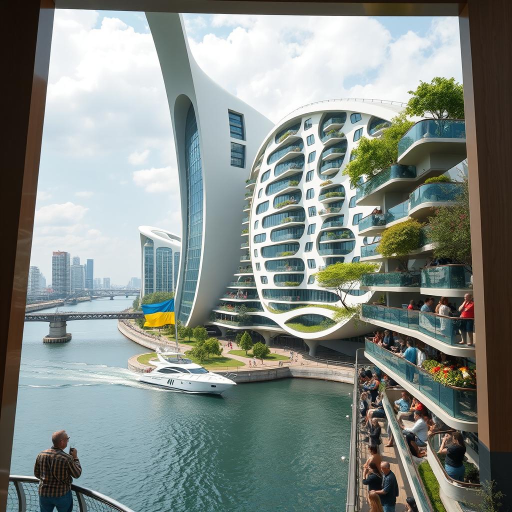 From the observation deck, we view an extraordinary bridge with high bionic arches, supporting a dynamic, bionic building of smooth form