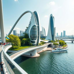 From the observation deck, we view an extraordinary bridge with high bionic arches, supporting a dynamic, bionic building of smooth form