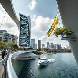 From the observation deck, we view an extraordinary bridge with high bionic arches, supporting a dynamic, bionic building of smooth form