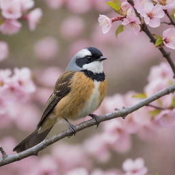 A brightly colored fantail bird perched on a blossoming cherry tree branch.