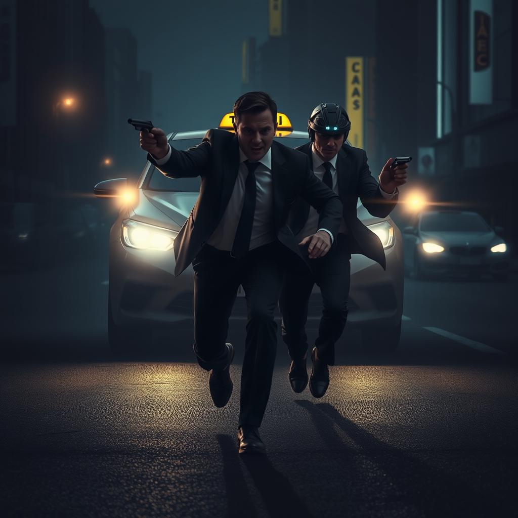 A dark, suspenseful scene from a mystery novel portraying two men in suits running frantically in front of a taxi, dodging bullets fired by an unseen assailant