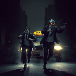 A dark, suspenseful scene from a mystery novel portraying two men in suits running frantically in front of a taxi, dodging bullets fired by an unseen assailant