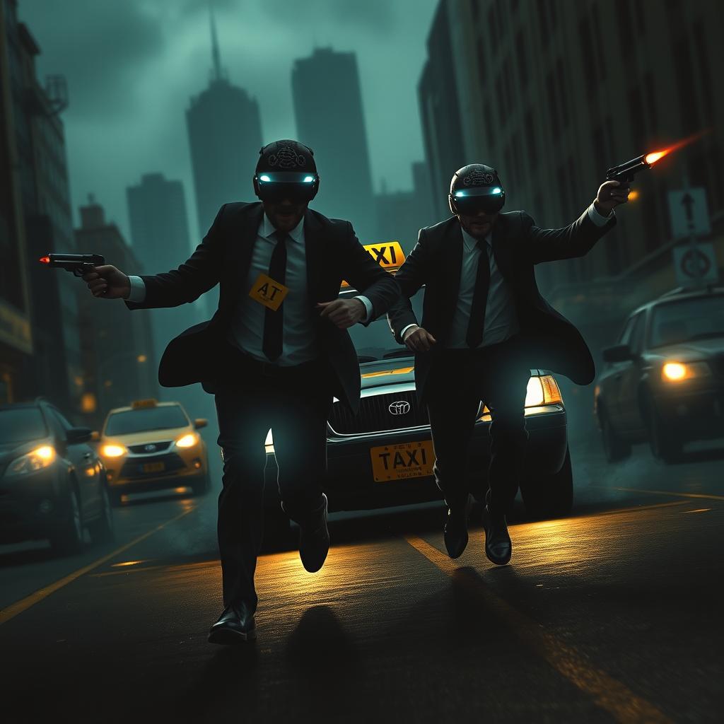 A dark, suspenseful scene from a mystery novel portraying two men in suits running frantically in front of a taxi, dodging bullets fired by an unseen assailant