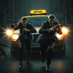 A dark, suspenseful scene from a mystery novel portraying two men in suits running frantically in front of a taxi, dodging bullets fired by an unseen assailant