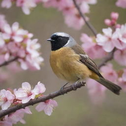 A brightly colored fantail bird perched on a blossoming cherry tree branch.