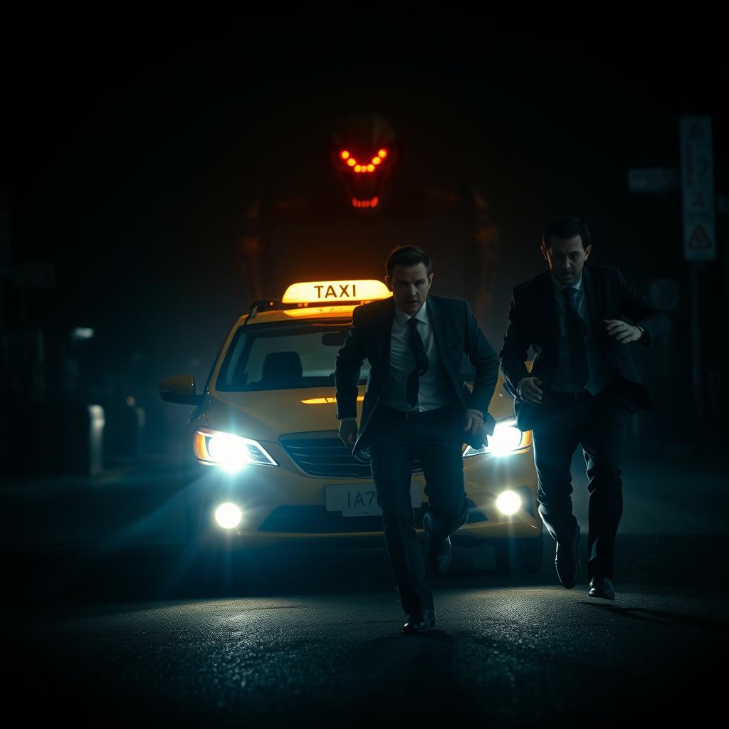 In a dark suspenseful scene worthy of a mystery novel, two men dressed in suits are seen sprinting desperately in front of a taxi under the cover of night