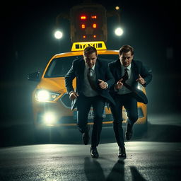 In a dark suspenseful scene worthy of a mystery novel, two men dressed in suits are seen sprinting desperately in front of a taxi under the cover of night