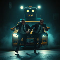 In a dark suspenseful scene worthy of a mystery novel, two men dressed in suits are seen sprinting desperately in front of a taxi under the cover of night