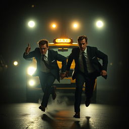 In a dark suspenseful scene worthy of a mystery novel, two men dressed in suits are seen sprinting desperately in front of a taxi under the cover of night