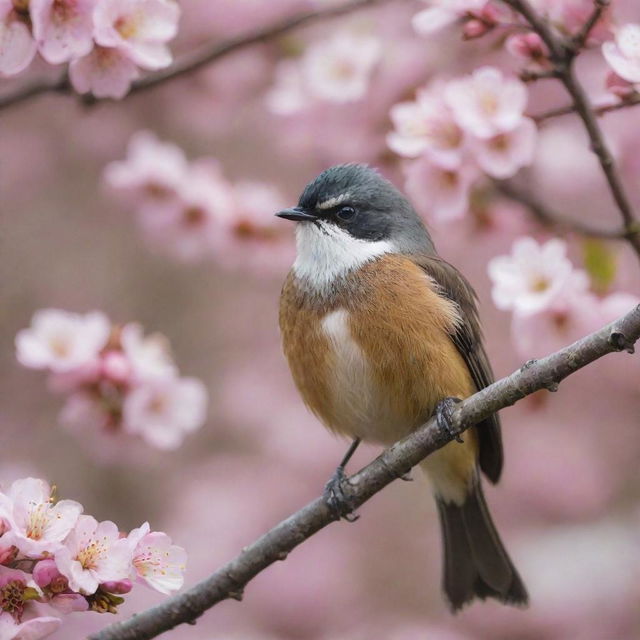 A brightly colored fantail bird perched on a blossoming cherry tree branch.