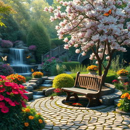 A serene and lush garden filled with vibrant flowers and cascading waterfalls