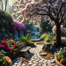 A serene and lush garden filled with vibrant flowers and cascading waterfalls