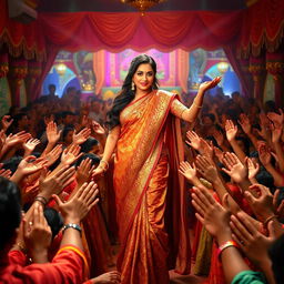 A glamorous Bollywood scene depicting an imaginary actress reminiscent of the timeless charm of Madhuri Dixit, wearing a traditional, elegant saree