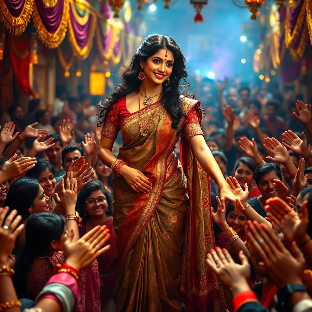 A glamorous Bollywood scene depicting an imaginary actress reminiscent of the timeless charm of Madhuri Dixit, wearing a traditional, elegant saree