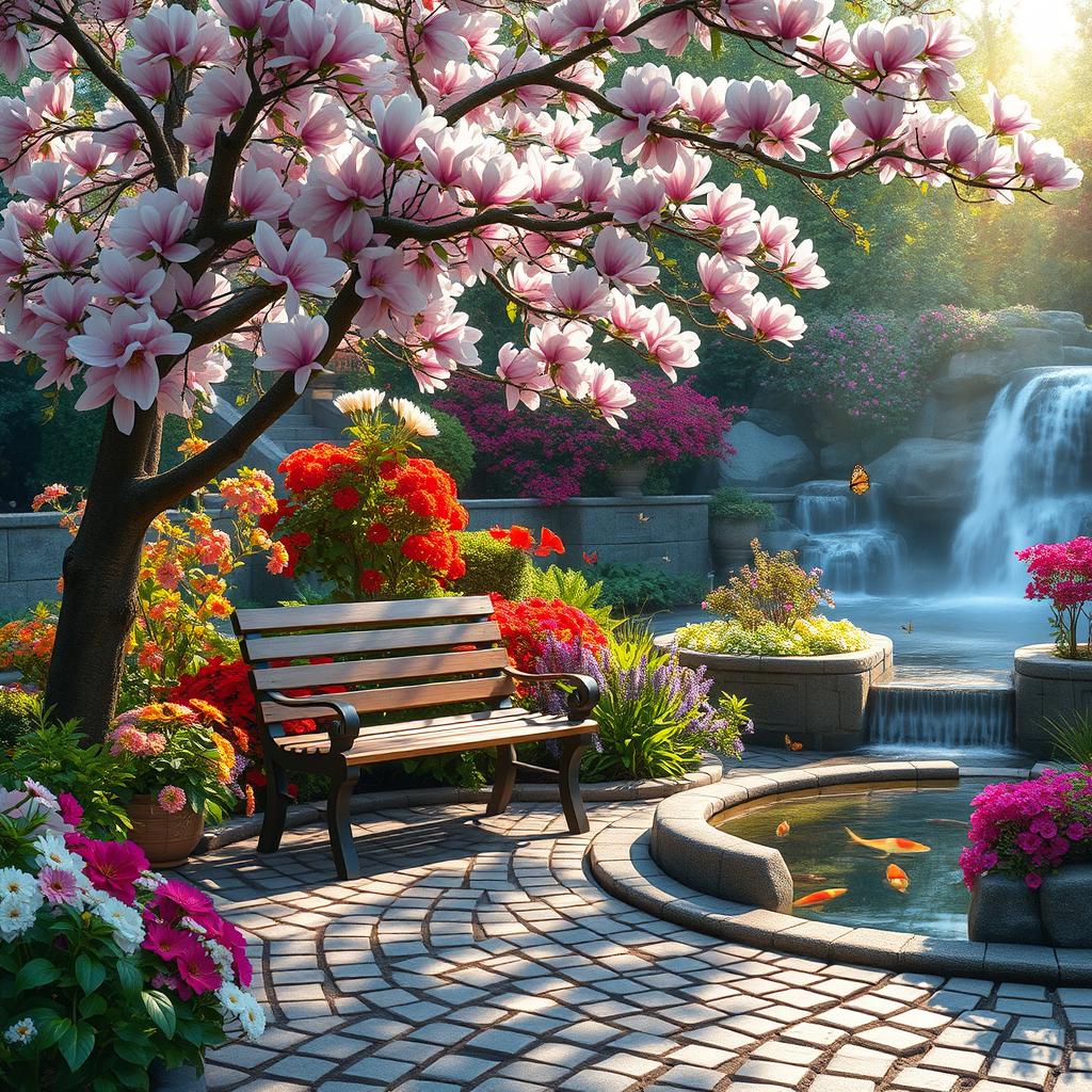 A serene and lush garden filled with vibrant flowers and cascading waterfalls