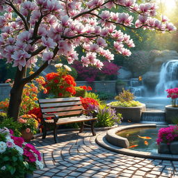 A serene and lush garden filled with vibrant flowers and cascading waterfalls