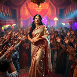 A glamorous Bollywood scene depicting an imaginary actress reminiscent of the timeless charm of Madhuri Dixit, wearing a traditional, elegant saree