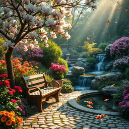 A serene and lush garden filled with vibrant flowers and cascading waterfalls